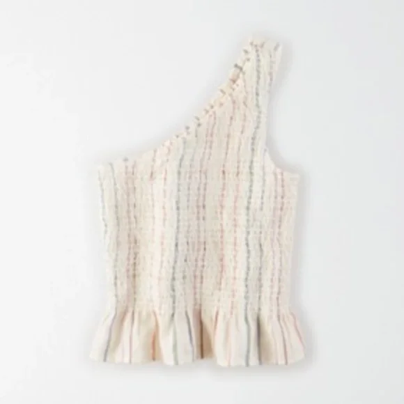 American Eagle AE Smocked One Shoulder Top in Cream - Picture 3 of 7